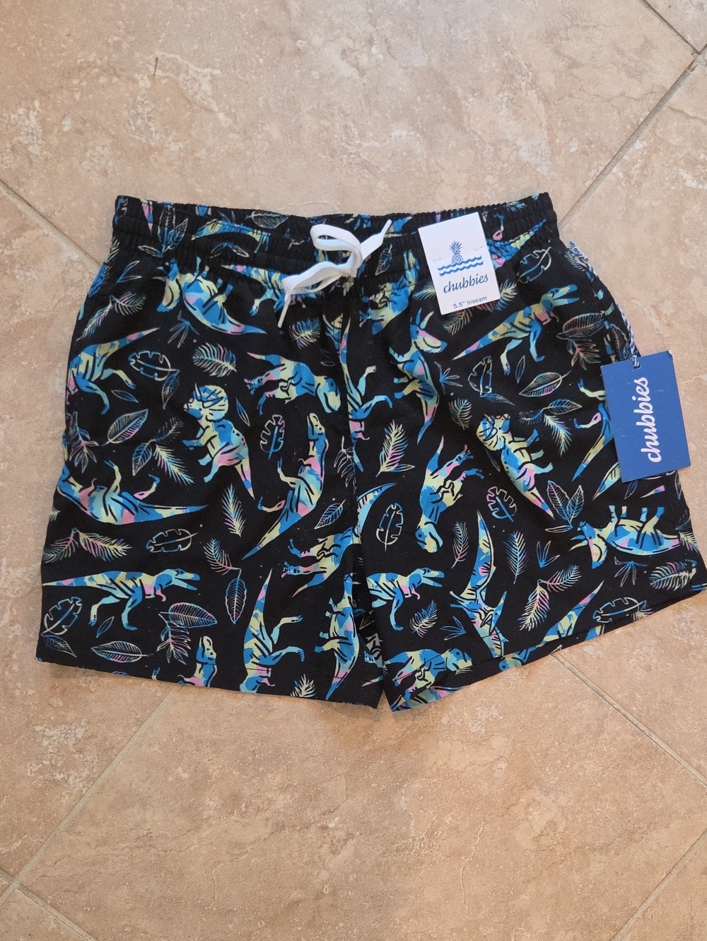 chubbies Black Swim Shorts with Multicolor Dino Print